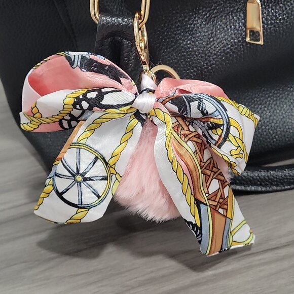 Chic Twilly Style Pink Bow Pom Pom Handbag Charm Keychain Accessory - Picture 5 of 5
